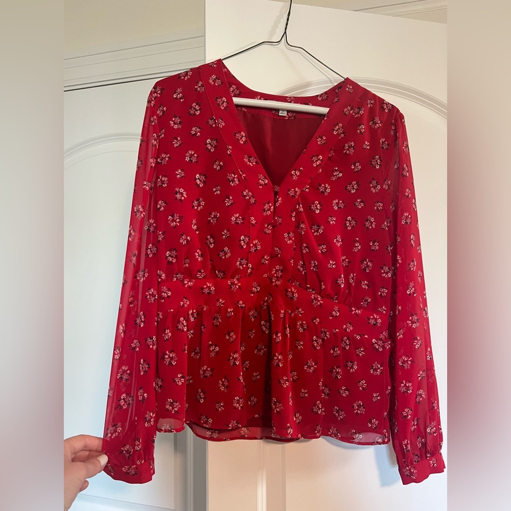 Madewell red floral blouse with built in slip, sheer sleeves, peplum size small